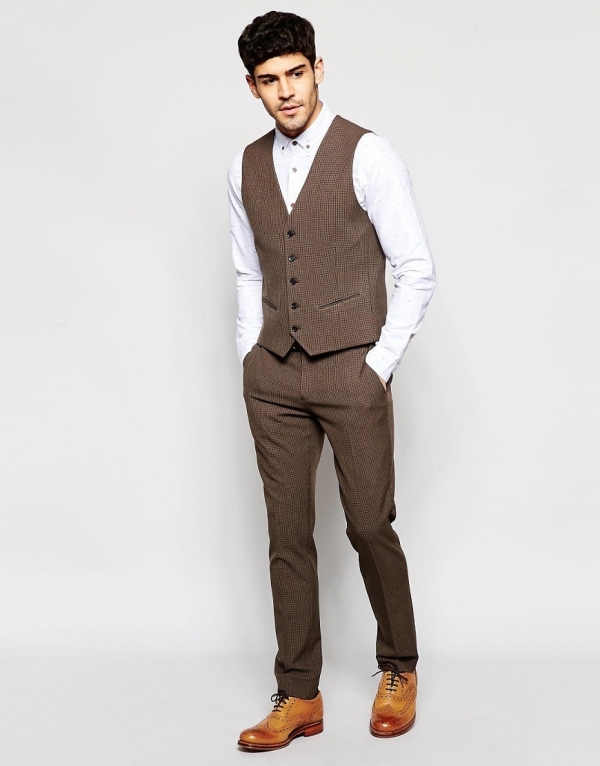 Brown Houndstooth Skinny 3 Piece Suit - Aisle Society