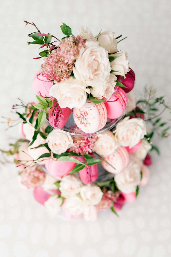 Macaron tower with pink flowers