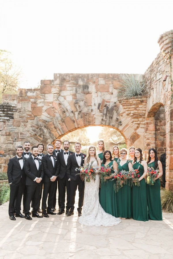 Bridal party in long green gowns