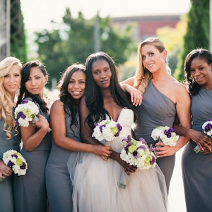 gray bridesmaids in elegant downtown Denver wedding from Aisle Perfect