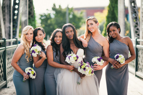 gray bridesmaids in elegant downtown Denver wedding from Aisle Perfect