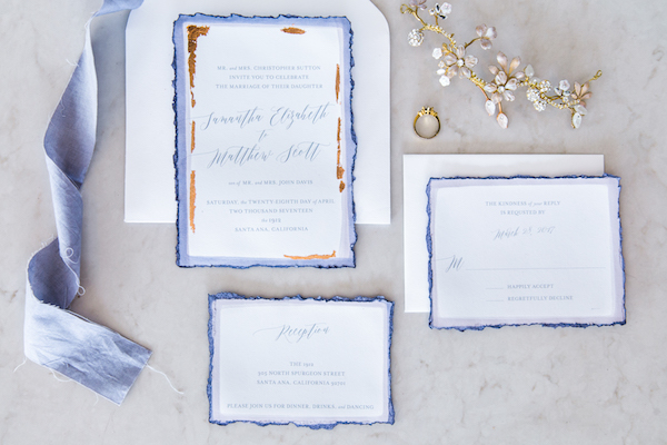 blue and copper invitation suite on Aisle Perfect