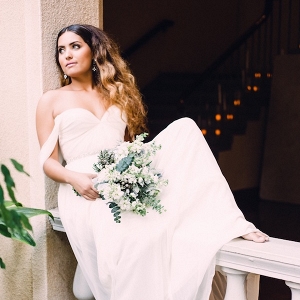 Bride in off the shoulder gown on Aisle Perfect