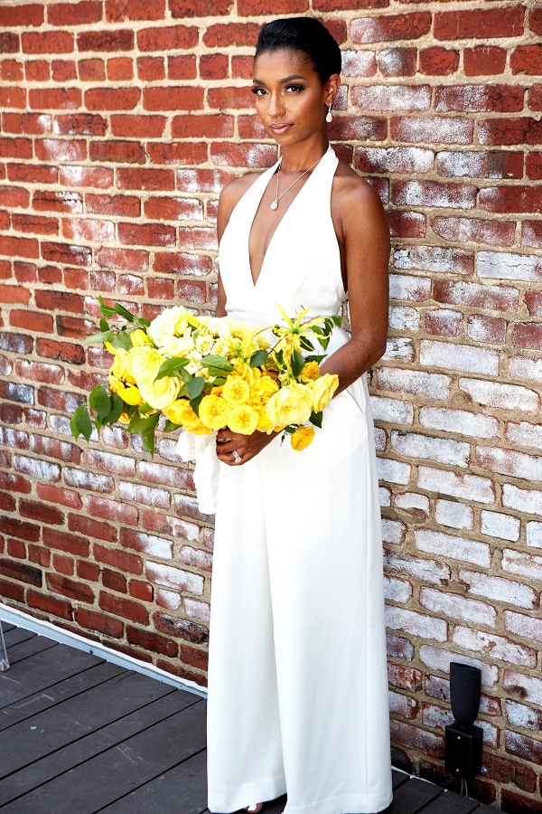 Lemonade Yellow Bouquet with Bride in White Jumpsuit