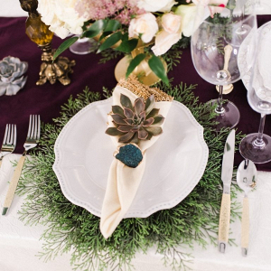 Purple and cream succulent place setting
