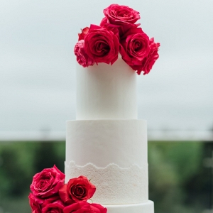 Three Tier White Wedding Cake-with Pink Flowers