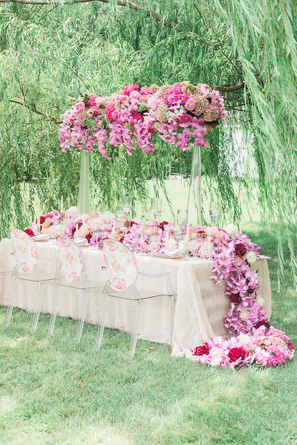 Pink floral reception table