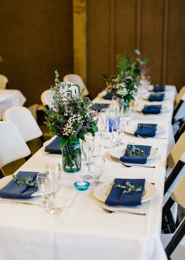 Blue and white wedding reception