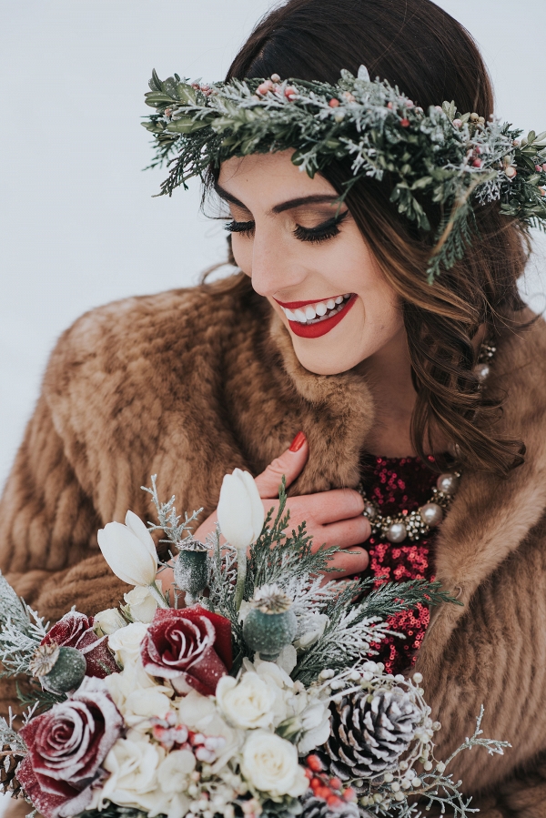 Winter Bride with Floral Crown and Red Sequin Gown
