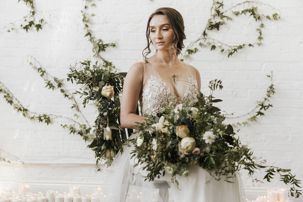 Wild Bridal Bouquet and Greenery Backdrop