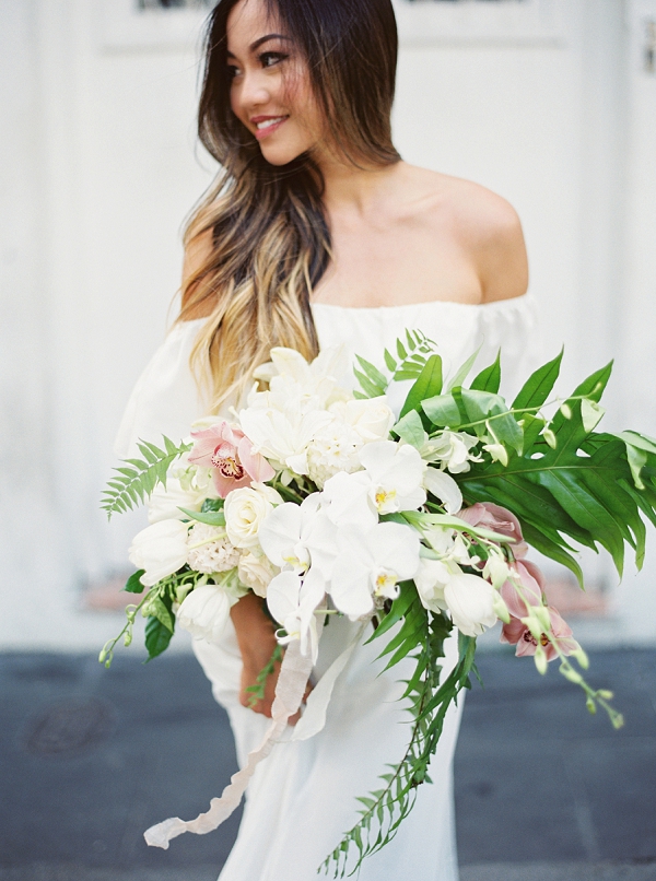 Bride with Large Tropical Bouquet