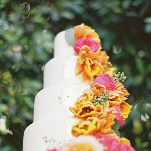 Five Layer White and Gold Wedding Cake with Flowers