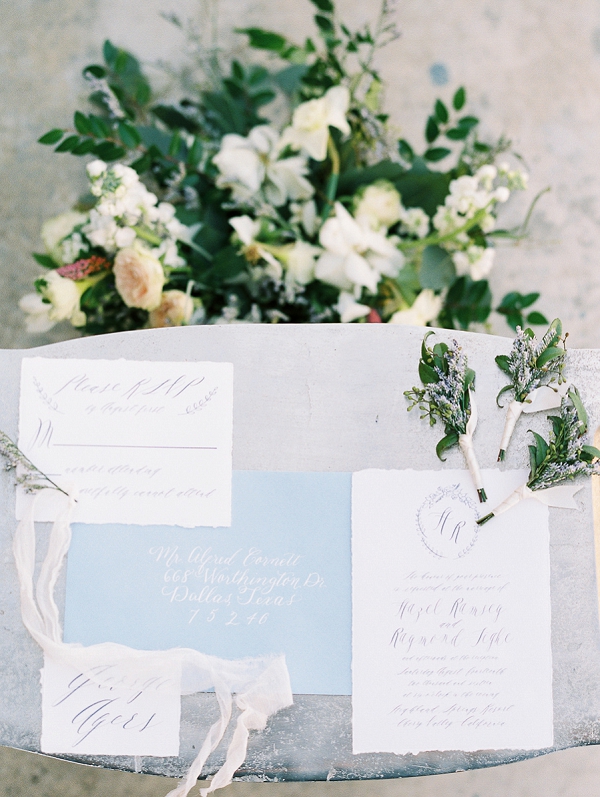 Calligraphy Wedding Stationery with Boutonnieres and Flowers
