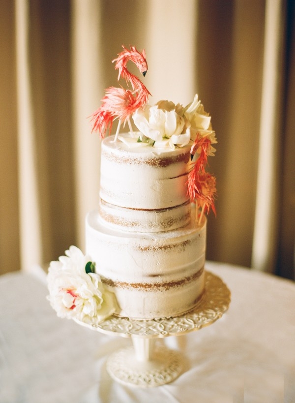 Naked Wedding Cake with Flamingo Cake Toppers