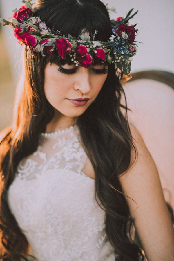 Bohemian Bride with floral crown on Belle the Magazine