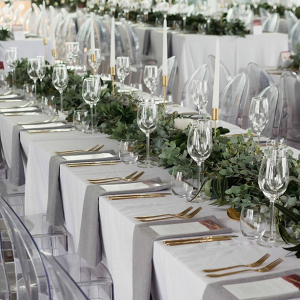 White, gray, and gold wedding reception