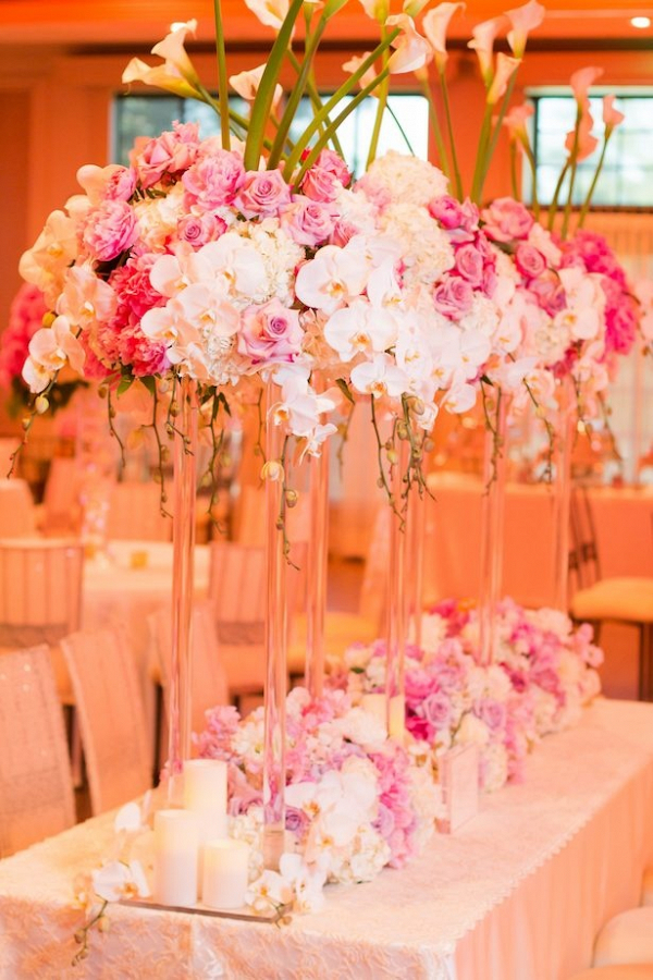 Tall pink and white centerpieces