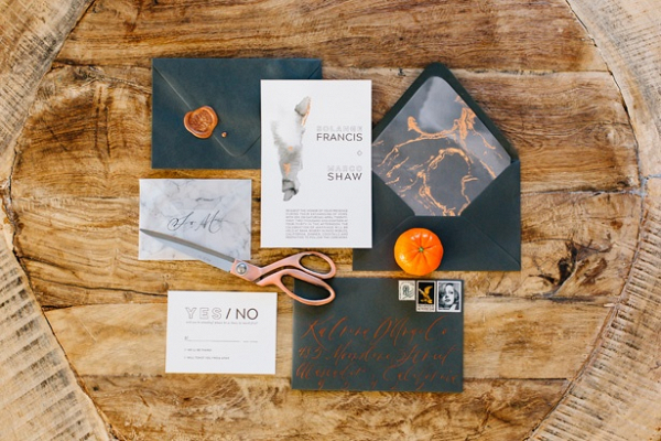 Marble orange and gray wedding invitation suite