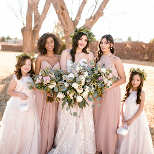 Bridesmaids in taupe with flower girls