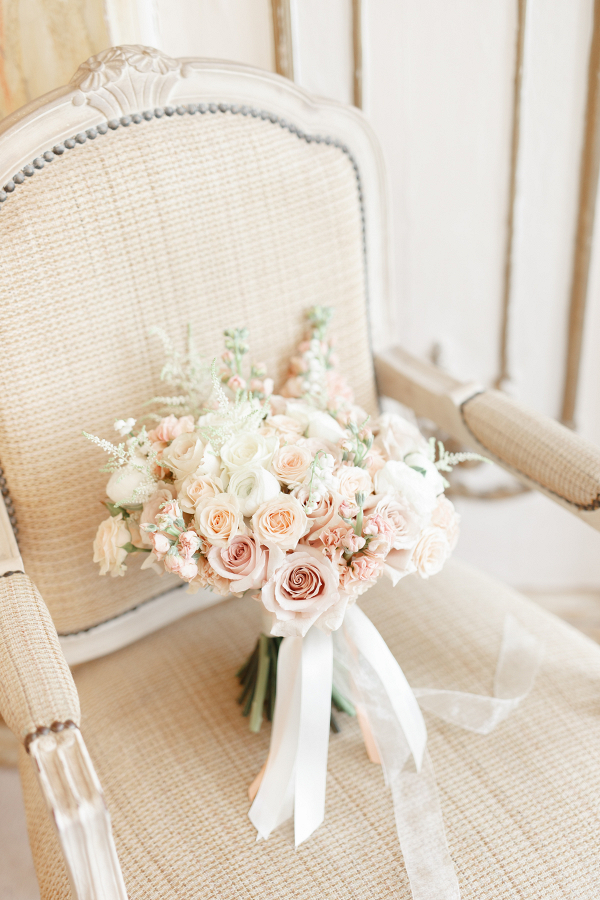 Ami's elegant bridal bouquet in soft blush pink with pale peach stocks and roses