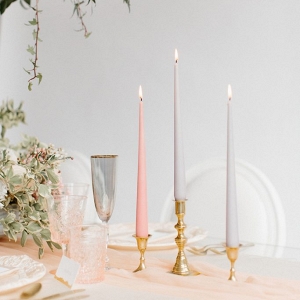 tablescape with silk runner, taper candles and pretty glassware