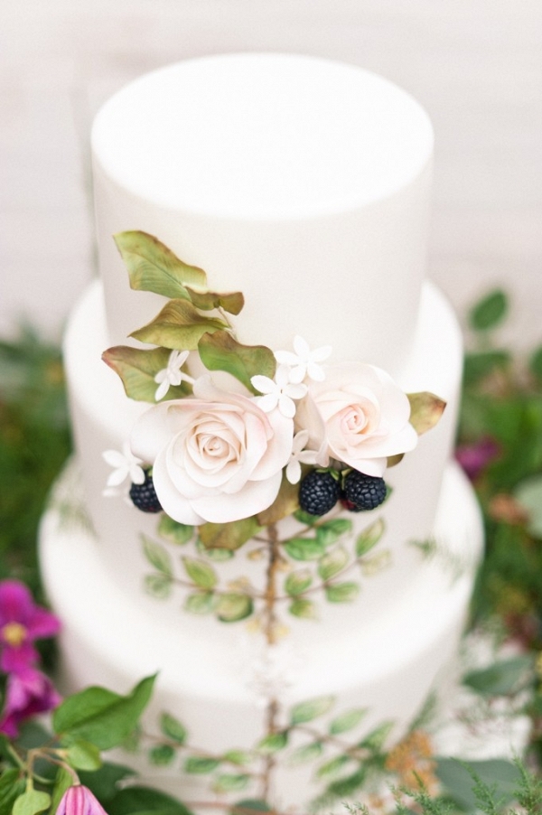 Botanical Inspired Handpainted Wedding Cake with Sugar Flowers and Berries