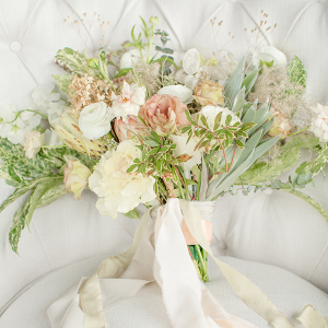 Pink green and white bridal bouquet with silk ribbons