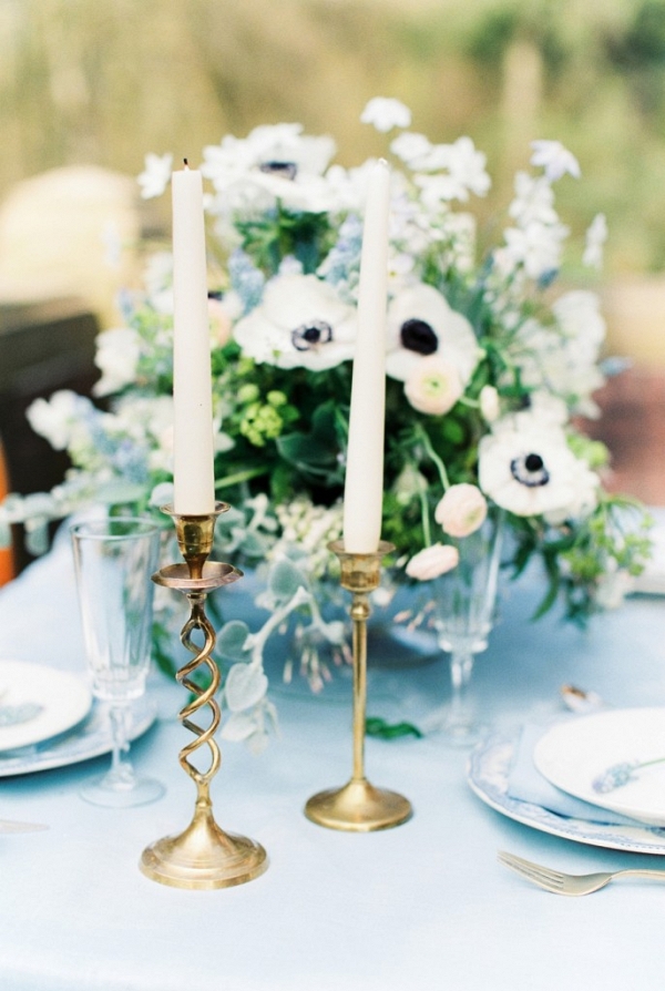 Delft Blue Tablescape with Brassware and Spring Florals