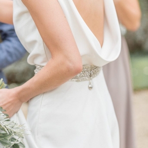 cowl back wedding dress with silver belt