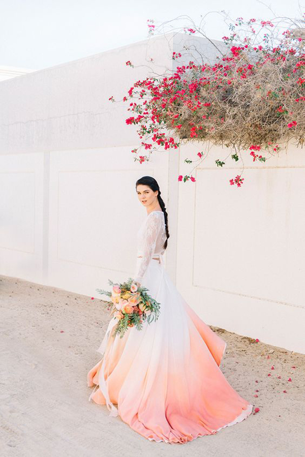 modern wedding dress fading from white to coral