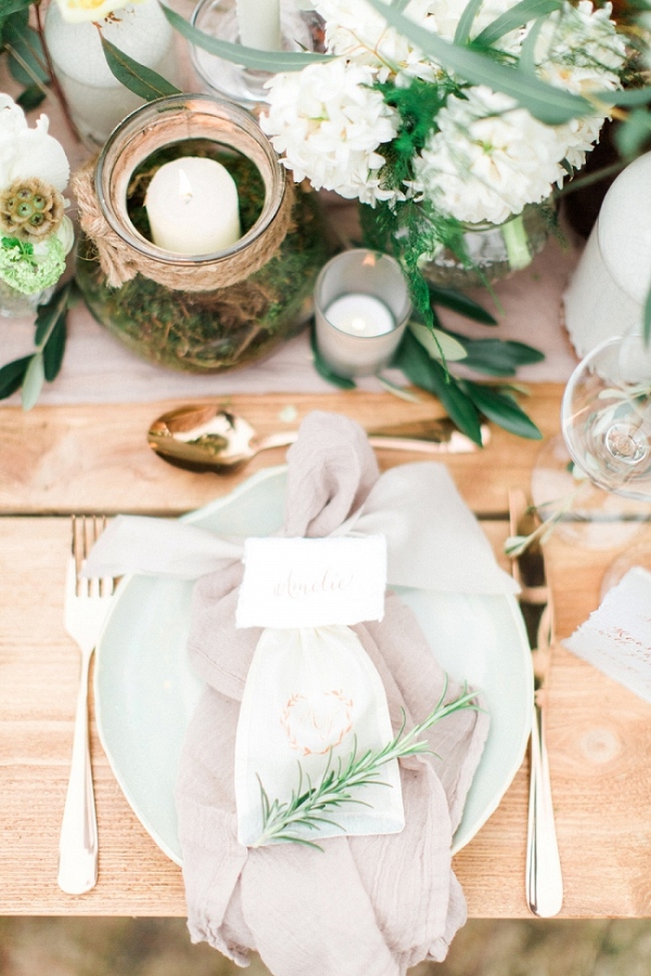 Luxury Organic Place Setting with Calligraphy Place Card and Gold Flatware