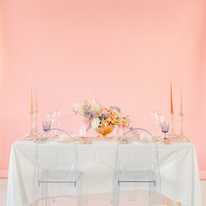 Contemporary pink and white sedding table ideas with clear chairs