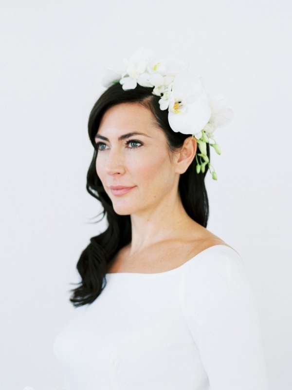 elegant bridal style with orchid floral crown