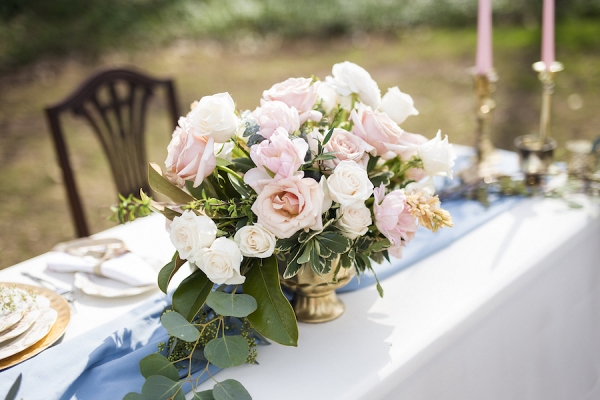 Pretty Centerpiece in Peach and Pink with Roses