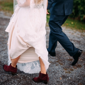 Lace Alfred Angelo Wedding Dress Red Suede Steve Madden Booties Boho Bride