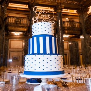 A Wedding Cake with Polka Dots and Stripes was a Fun Twist at this Chic Navy Blue & Gold Museum Wedding