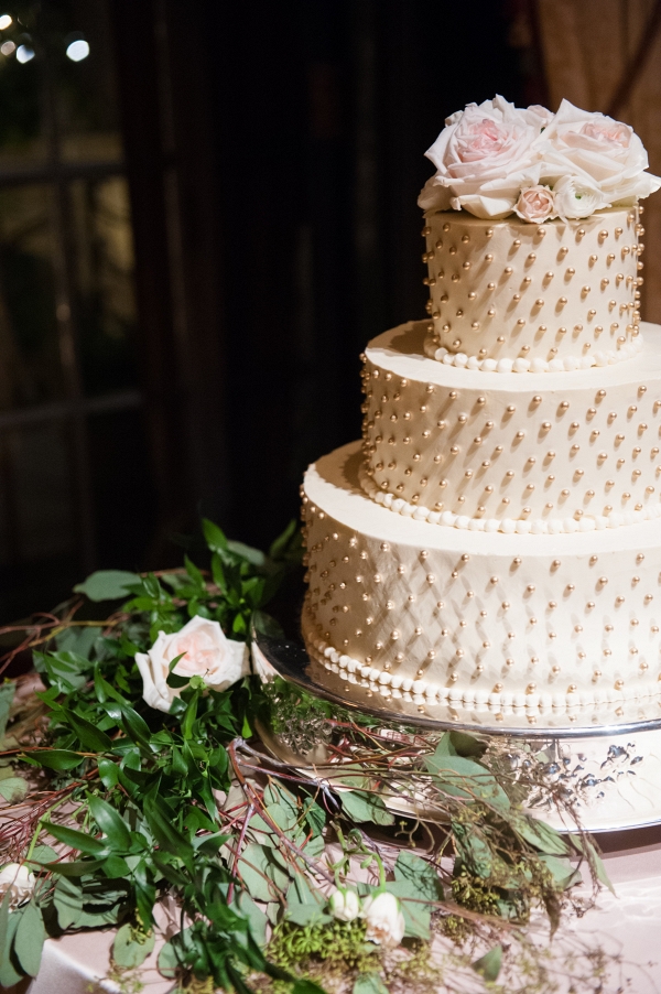 A Three Tiered Buttercream Wedding Cake is Adorned with Gold Beads at This Classic Emerald Winter Pittsburgh Wedding