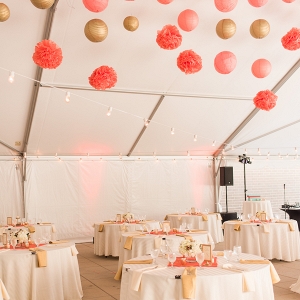 Paper Lanterns Tissue Poms Soft Uplighting Mercury Glass Metallic Accents Tent Coral Gold Terrace Wedding