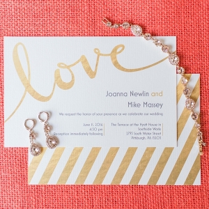 Striped Gold Foil Wedding Invitations Shiny Coral Gold Terrace Wedding
