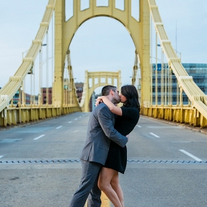 Beautiful Couple Kisses Iconic Bridge Pittsburgh Country City Engagement Session