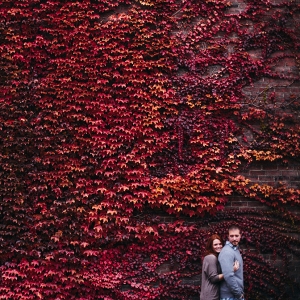 Red Yellow Leaves Brick Wall Fall Foliage Engagement Session