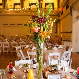 Fall Inspired Brunch Wedding Reception Tall Floral Centerpieces Bistro Lights DIY Table Numbers Donuts