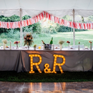 Marquee Letters Ribbon Garland Floral Centerpieces Sparkly Details Festive DIY Backyard Wedding