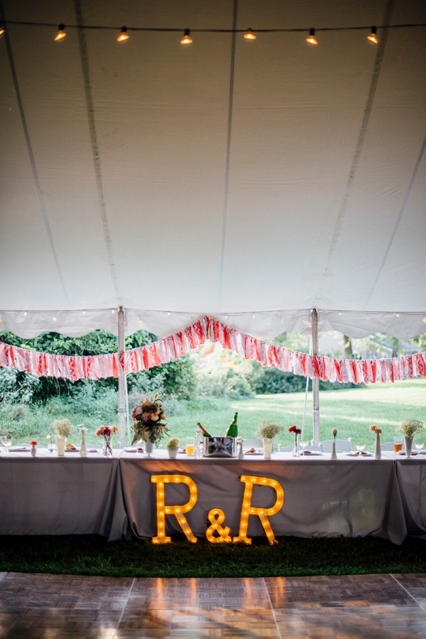Marquee Letters Ribbon Garland Floral Centerpieces Sparkly Details Festive DIY Backyard Wedding
