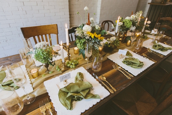 Mismatched Wooden Chairs Vintage Decor Gold Flatware Fresh Green White Florals Eclectic Pretty Tablescape Styled Bridal Shower