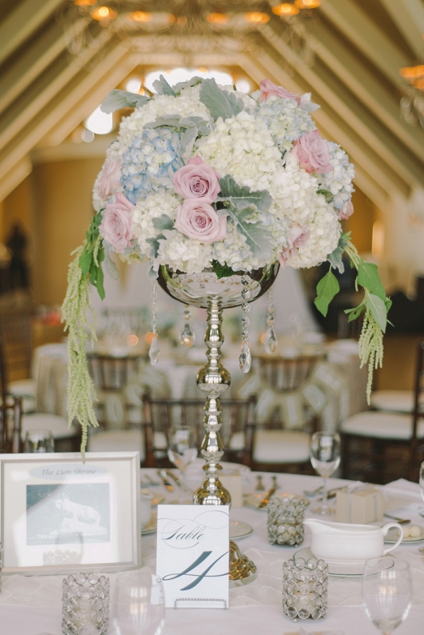 An Elevated Floral Centerpiece Hydrangeas Roses Lamb's Ear Crystals Glamorous Pastel Wedding