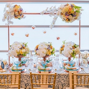 Lush Hanging Florals Patterned Linens Copper Accents Bright Glassware Highlights Modern Geometric Styled Shoot