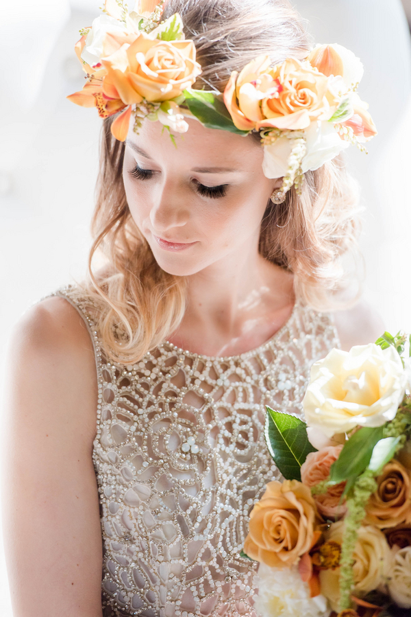 Beaded Hayley Paige Wedding Dress Asymmetrical Floral Crown Perfect Bridal Accessories Modern Geometric Styled Shoot