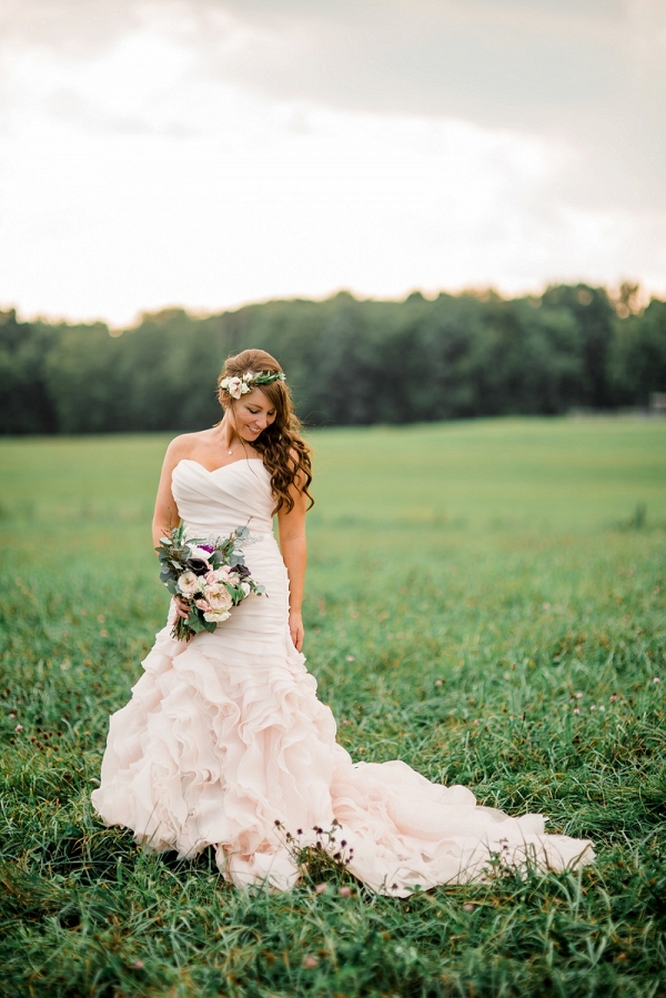 With a Blush Wedding Dress and Greenery Floral Crown, This Bride Looks Like a Farm Chic Grecian Goddess at Her Pumpkin Inspired Fall Farm Wedding