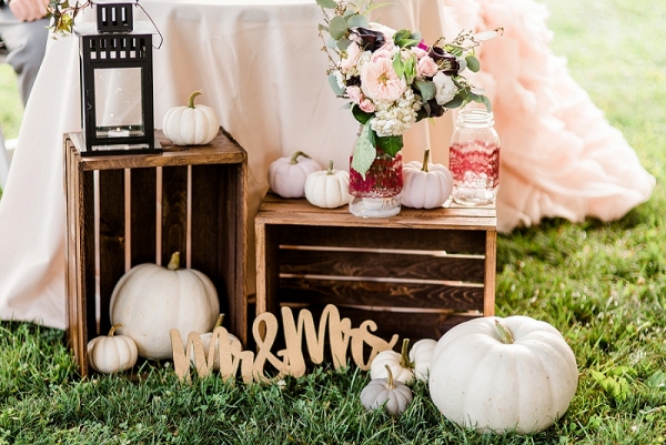White Pumpkins, Laser Cut Wooden Details, Mason Jars, Lace, and Dramatic Colors Made a Winning Combination at This Pumpkin Inspired Fall Farm Wedding